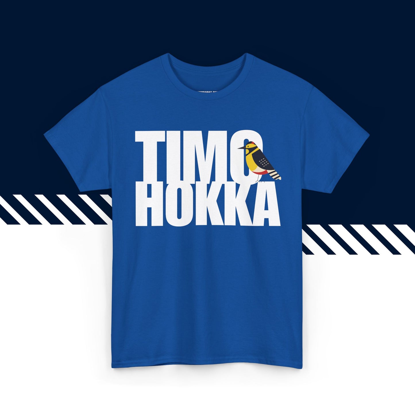 Sininen 100% puuvillainen t-paita, hauskat printtipaidat, Timo Hokka -tekstipainatus, rento malli.