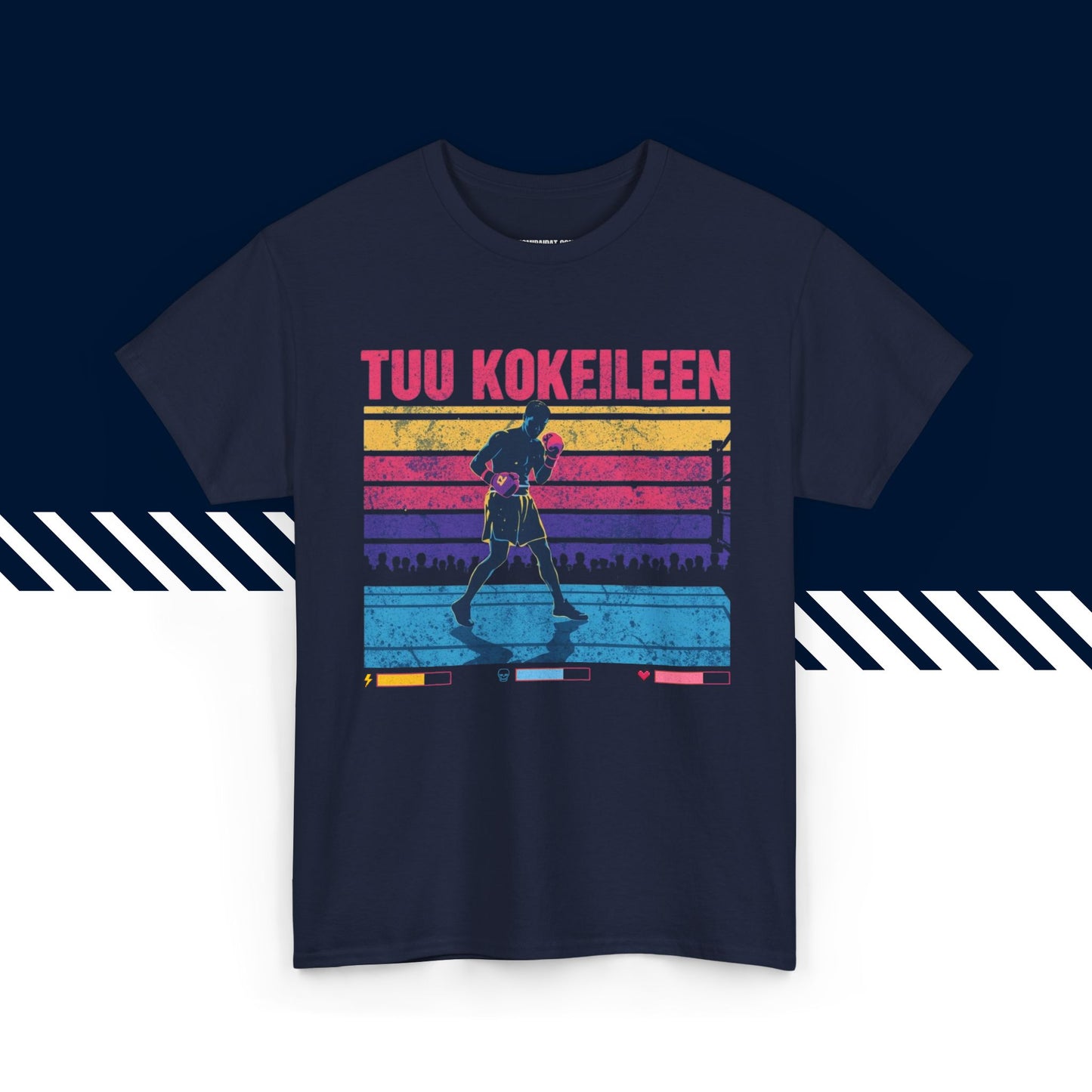 Tummansininen puuvillainen t-paita, hauskat paidat, Tuu kokeileen -tekstipainatus, unisex-malli.