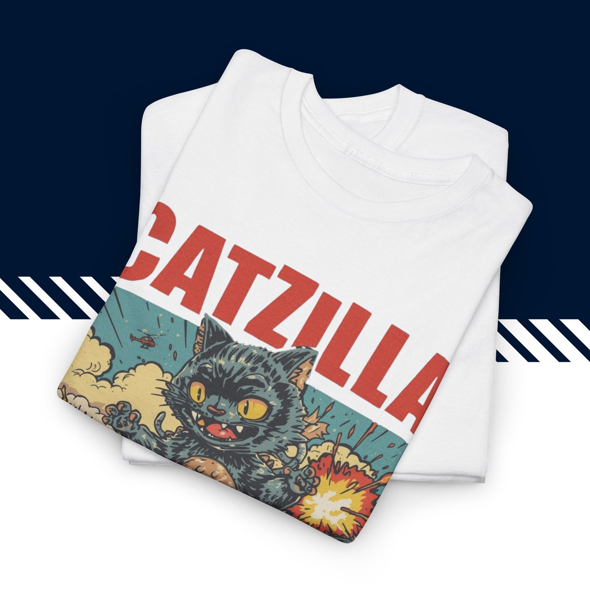 Valkoinen puuvillainen hauskat paidat Catzilla t-paita, taitettuna, 100% puuvilla.