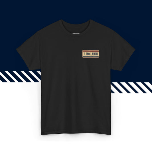 Musta puuvillainen t-paita, hauskat paidat, suomipaidat.comin Hoo Moilanen -tekstipainatus, unisex-malli.