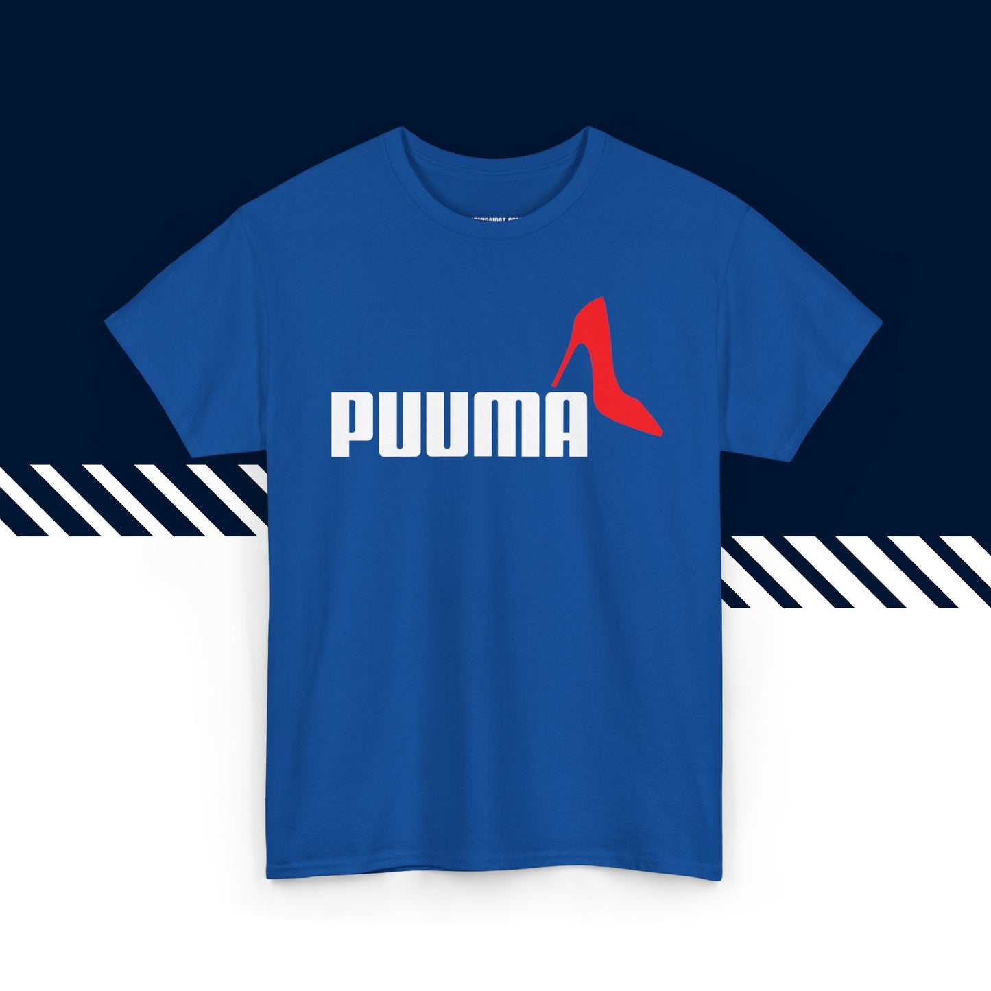 Sininen puuvillainen t-paita, hauskat teksti paidat, Puuma-kuvio, unisex-malli.