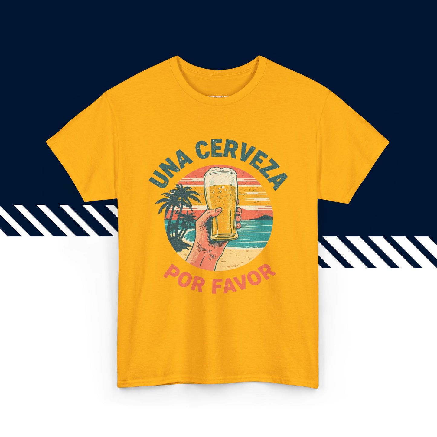 Keltainen puuvillainen t-paita, hauskat paidat, Una cerveza por favor -tekstipainatus, unisex-malli.