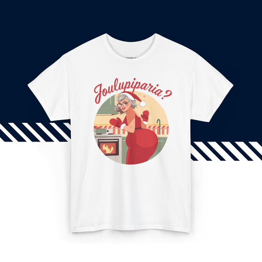Valkoinen puuvillainen t-paita, hauskat paidat, suomipaidat.comin Joulupiparia-tekstipainatus, unisex-malli.