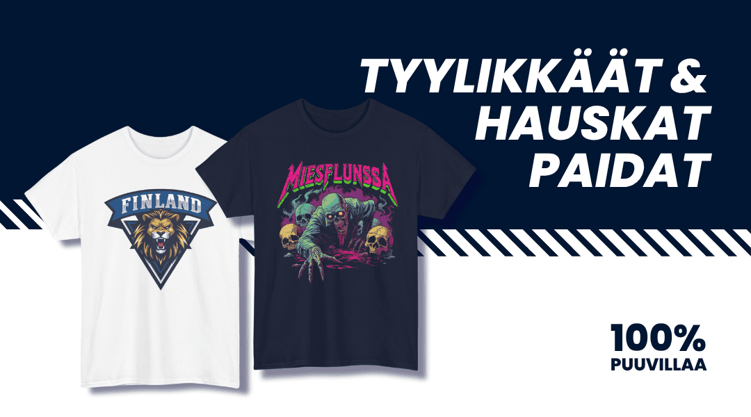 Suomipaidat.comin hero banner mobiilissa, hauskat paidat ja suomi t-paidat, unisex-mallit.