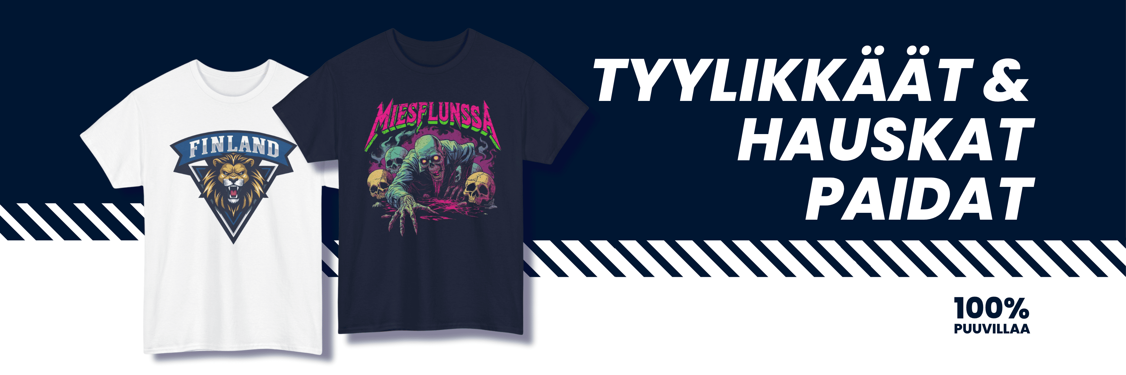 Suomipaidat.comin hero banner työpöydällä, hauskat printtipaidat ja suomi paidat, unisex-mallit.
