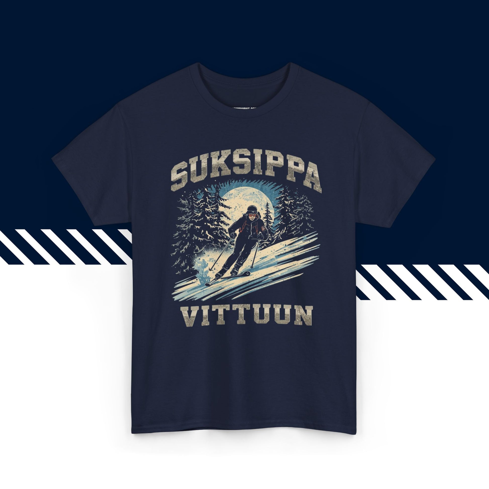 Tummansininen puuvillainen t-paita, hauskat paidat, Suksippa vittuun -tekstipainatus, unisex-malli.