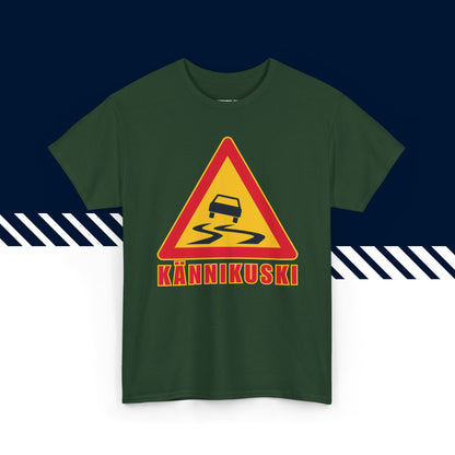 Tummanvihreä puuvillainen t-paita, hauskat printtipaidat, Kännikuski-tekstipainatus, unisex-malli.