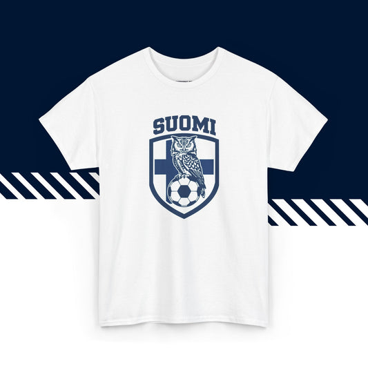Valkoinen puuvillainen t-paita, hauskat paidat, suomipaidat.comin Suomifutis-tekstipainatus, unisex-malli.