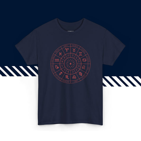 Tummansininen puuvillainen t-paita, hauskat paidat, suomipaidat.comin Horoskoopit-tekstipainatus, unisex-malli.