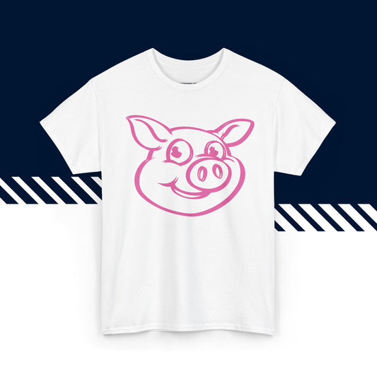 Valkoinen puuvillainen t-paita, hauskat paidat, suomipaidat.comin Possu-kuvio, unisex-malli.