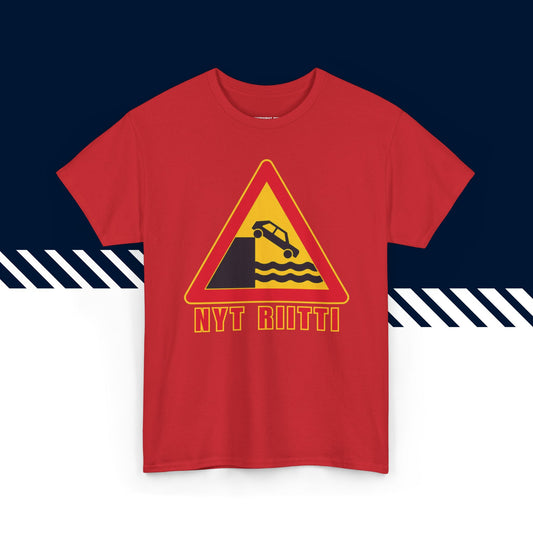Punainen puuvillainen t-paita, hauskat paidat, suomipaidat.comin Nyt riitti -tekstipainatus, unisex-malli.