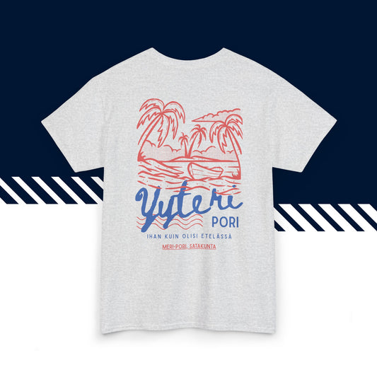 Harmaa hauskat t-paidat, hauska paita, suomalainen katumuoti paita painatus, Yyteri -selkäkuvio, unisex-malli.