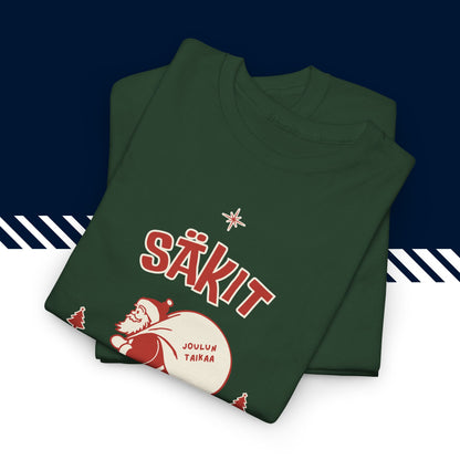 Tummanvihreä puuvillainen hauskat paidat, suomi t-paidat, Säkit pullollaan t-paita taitettuna, 100% puuvilla, unisex-malli.