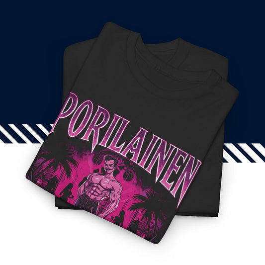 Musta puuvillainen t-paita, hauskat tekstit, suomipaidat.comin Porilainen erno-tekstipainatus, taitettuna unisex-malli.