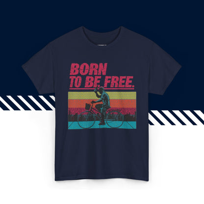 Tummansininen puuvillainen t-paita, hauskat paidat, Born to be free -tekstipainatus, unisex-malli.