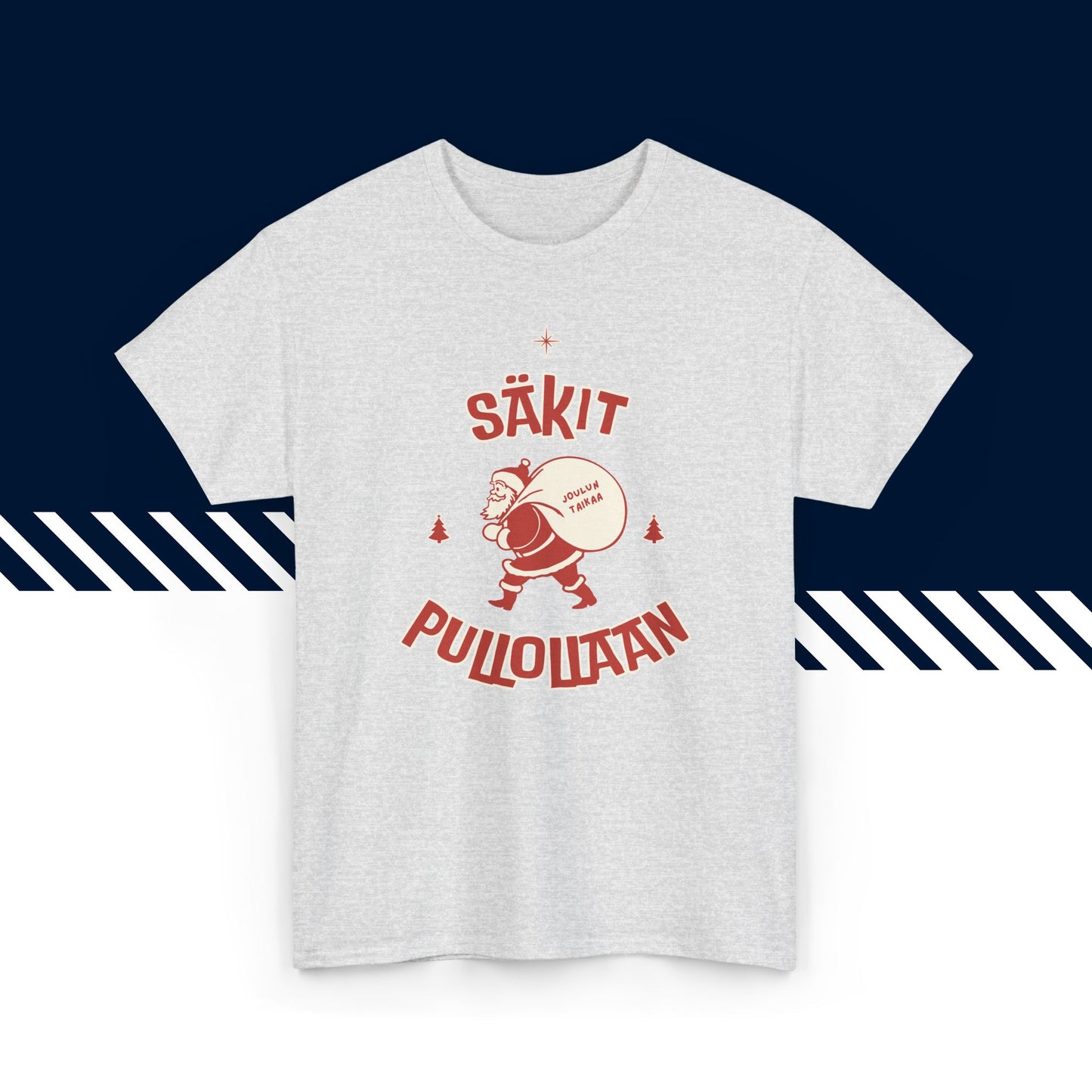 Harmaa suomi paita, hauskat printtipaidat, Säkit pullollaan -teksti, unisex-malli.