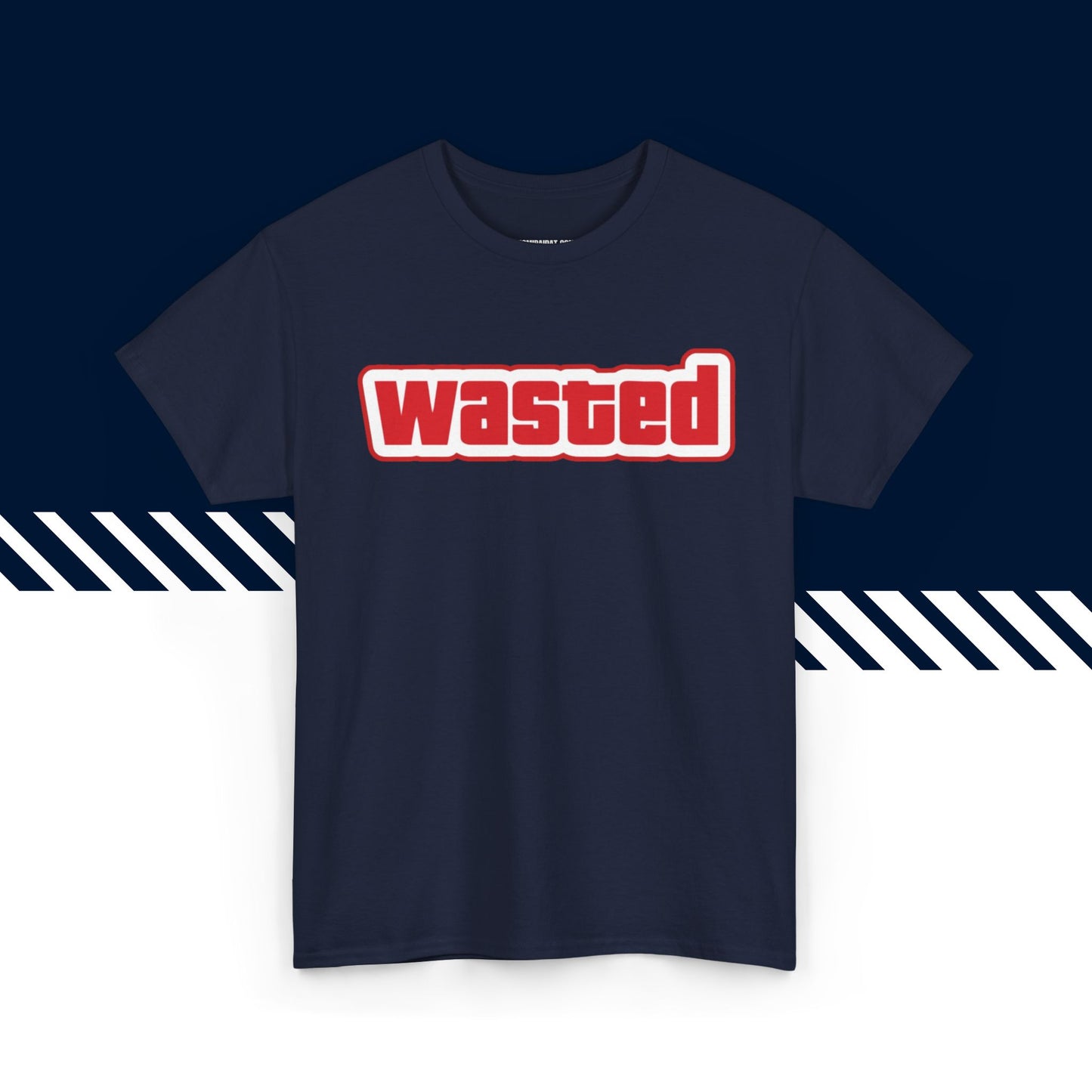 Tummansininen puuvillainen t-paita, hauskat printtipaidat, Wasted-tekstipainatus, unisex-malli.