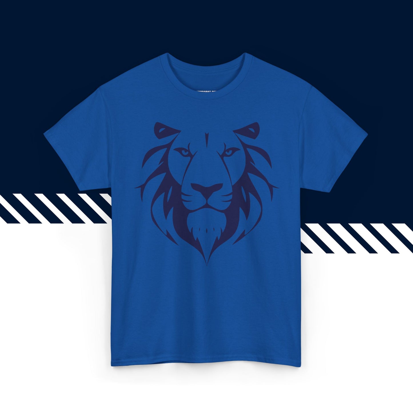 Sininen puuvillainen t-paita, hauskat teksti paidat, Iso leijona -tekstipainatus, unisex-malli.