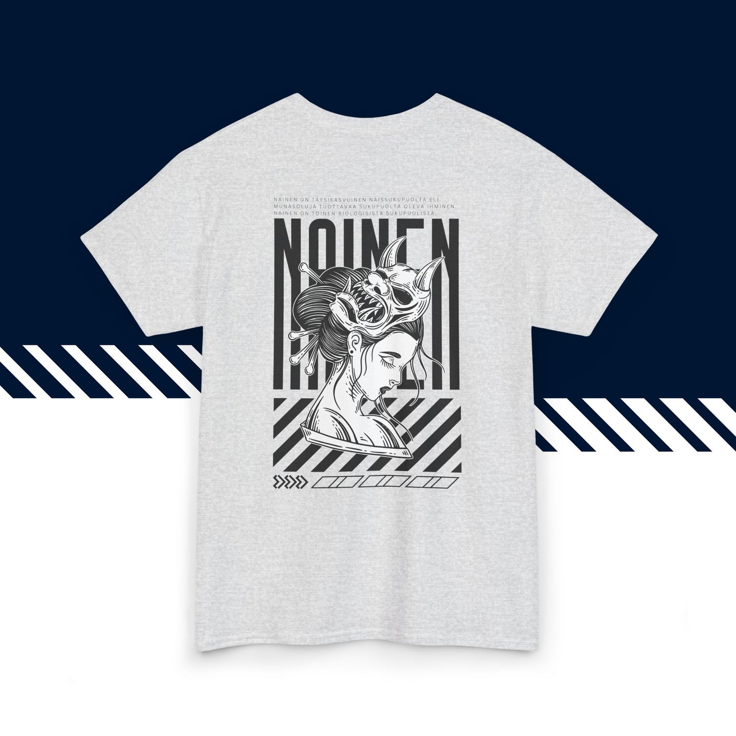 Harmaa hauskat t-paidat, hauska paita, suomalainen katumuoti paita painatus, Nainen -selkäkuvio, naisten ja unisex-malli.