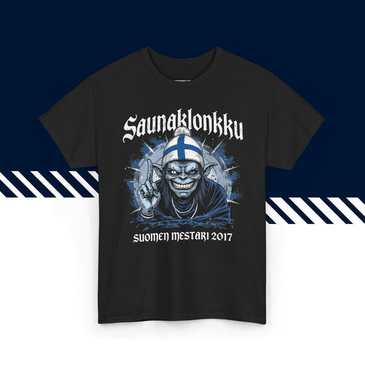 Musta 100% puuvillainen suomi paita, Saunaklonkku-kuvio, hauskat t-paidat.