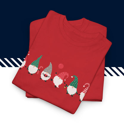 Punainen puuvillainen suomi paidat, hauskat printtipaidat, Joulutontut t-paita taitettuna, 100% puuvilla, unisex-malli.