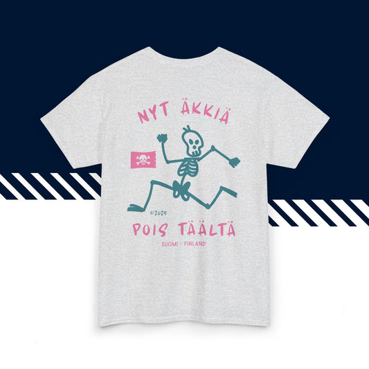Harmaa hauskat t-paidat, hauska paita, suomalainen katumuoti paita painatus, Nyt äkkiä -selkäkuvio, unisex-malli.