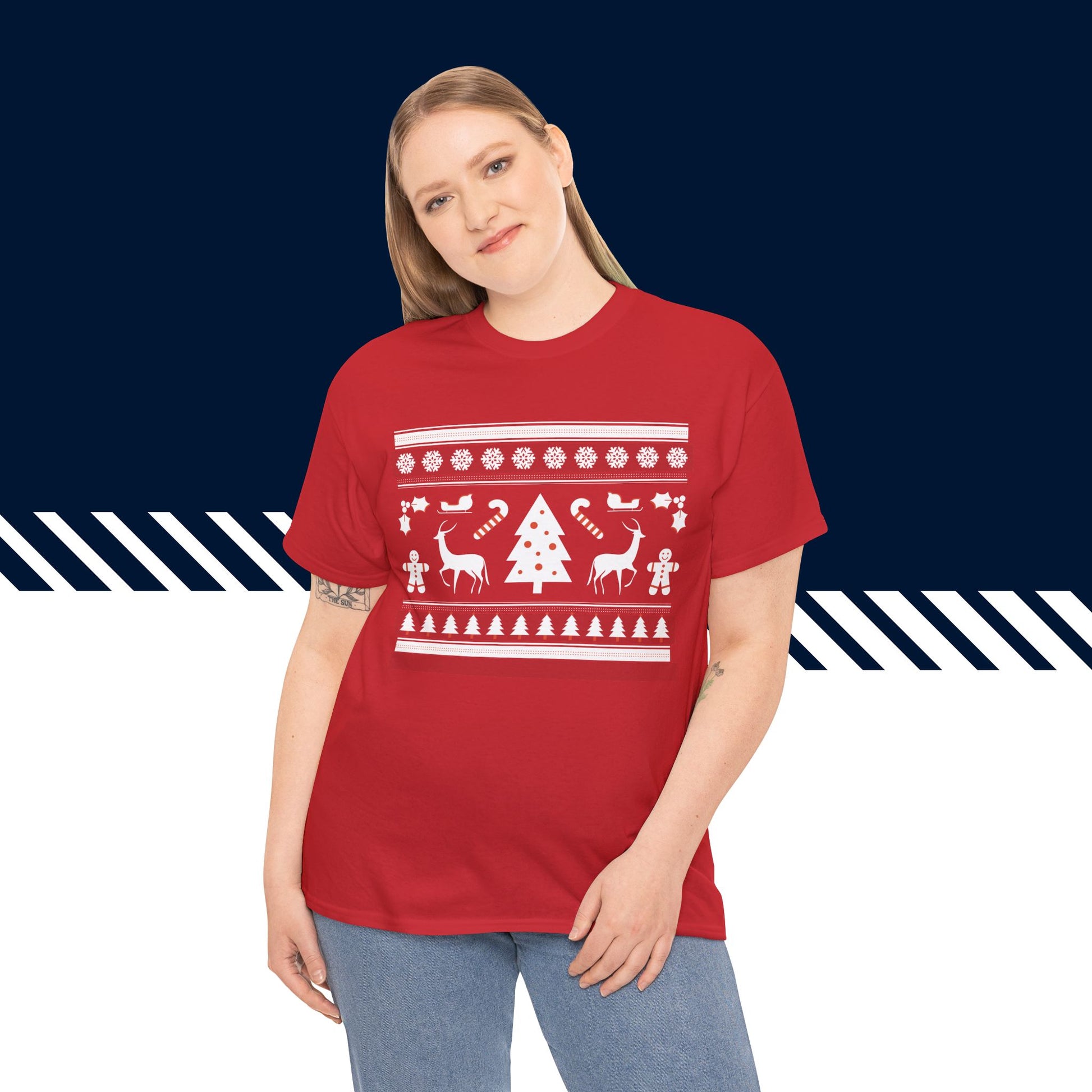 Malli punaisessa hauskat t-paidat Jouluprintti -painatuksessa, unisex-malli, suomipaidat.com.