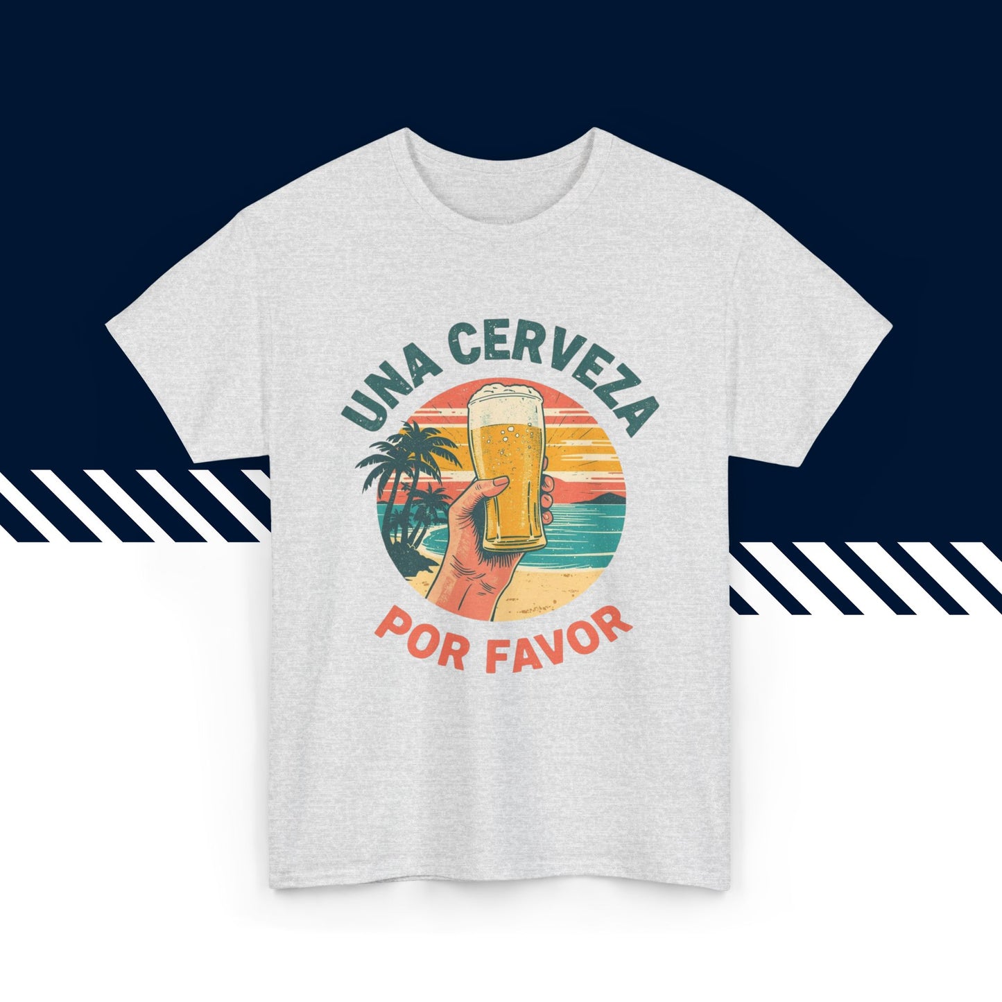 Harmaa t-paita, hauskat paidat, Una cerveza por favor -tekstipainatus, rento malli.