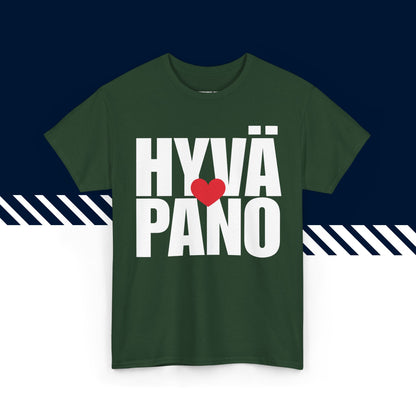 Tummanvihreä puuvillainen t-paita, hauskat printtipaidat, Hyvä pano -tekstipainatus, unisex-malli.