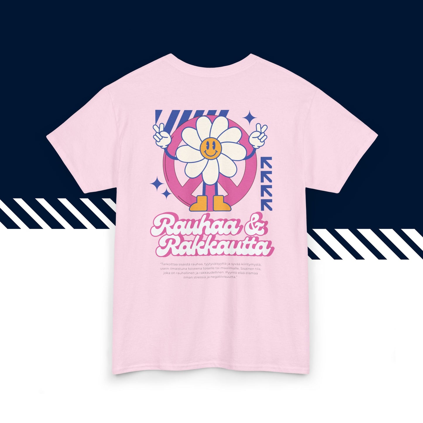 Vaaleanpunainen puuvillainen suomi paidat, hauskat printtipaidat, Rauhaa ja Rakkautta -selkäpainatus, unisex-malli.