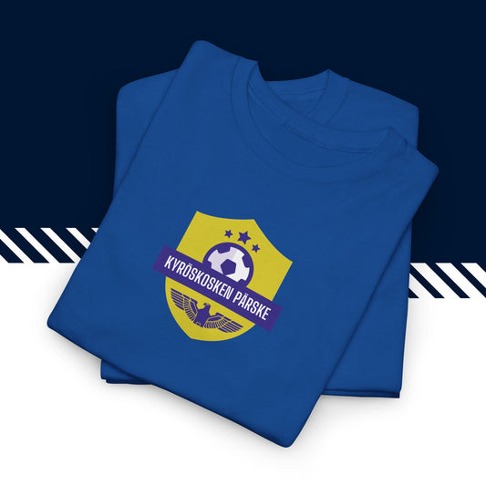 Sininen puuvillainen hauskat paidat, hauskat t-paidat, Kyröskosken Pärske t-paita, taitettuna, 100% puuvilla, unisex-malli.