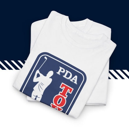 Valkoinen puuvillainen hauskat printtipaidat, PDA Tour t-paita, taitettuna, 100% puuvilla.