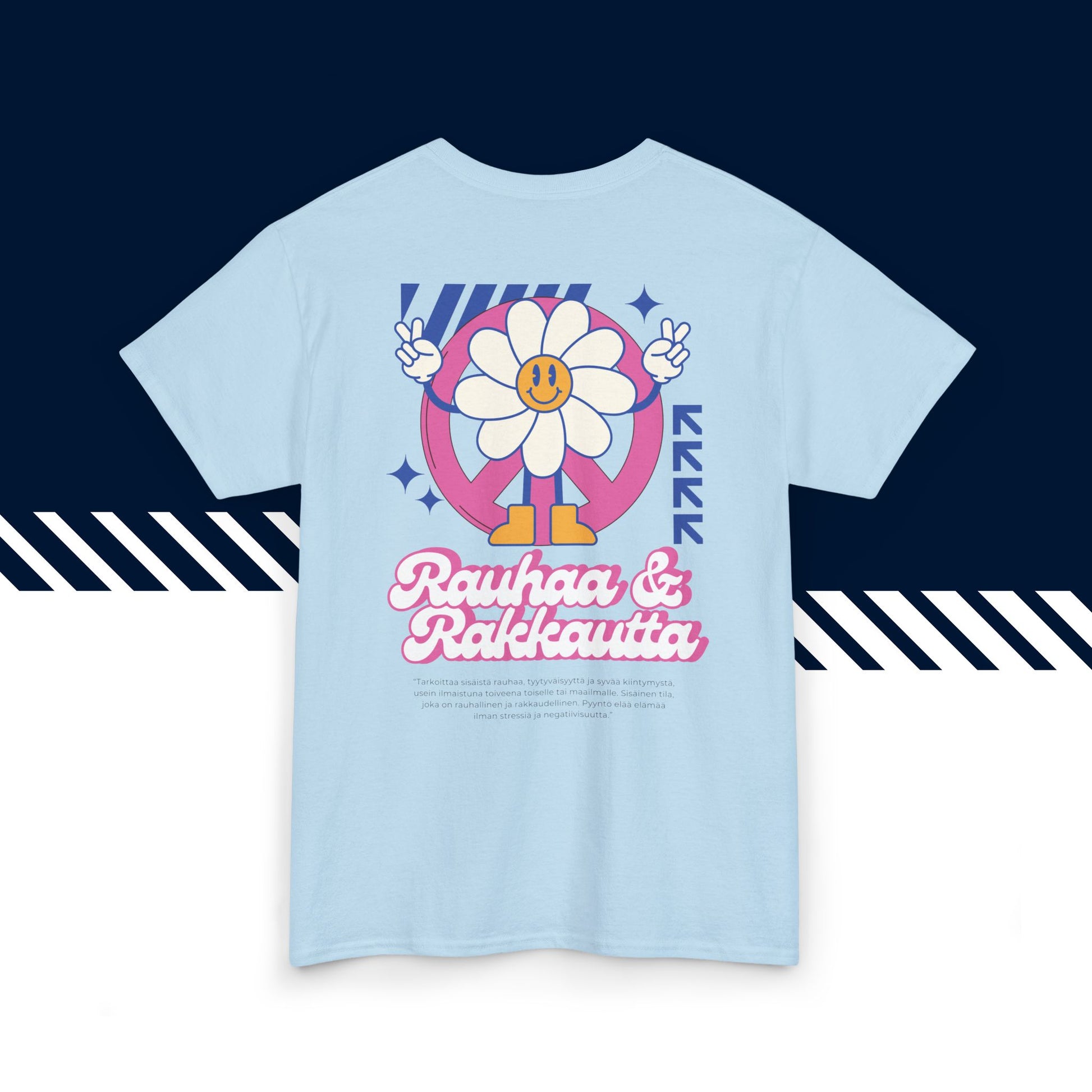 Vaaleansininen puuvillainen suomi paita, hauskat printtipaidat, joulu lahja idea, Rauhaa ja Rakkautta -selkäkuvio, unisex-malli.