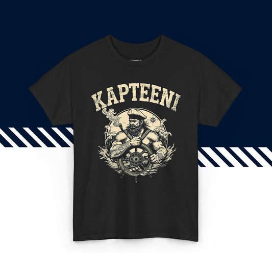 Musta puuvillainen t-paita, hauskat paidat, suomipaidat.comin Kapteeni-tekstipainatus, unisex-malli.