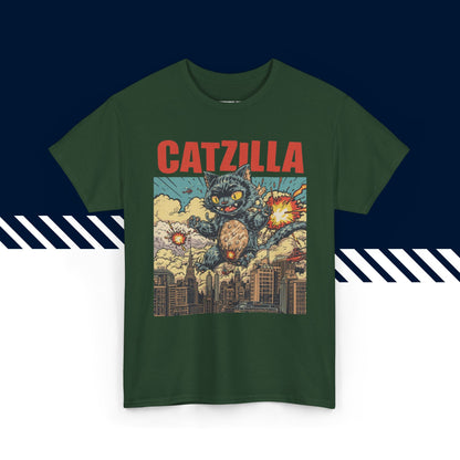 Tummanvihreä puuvillainen t-paita, hauskat paidat, Catzilla-tekstipainatus, unisex-malli.
