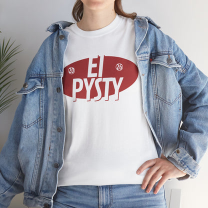 Suomipaidat.comin logolappu sinisen Ei pysty t-paidan kauluksen takaosassa, 100% puuvillaa.