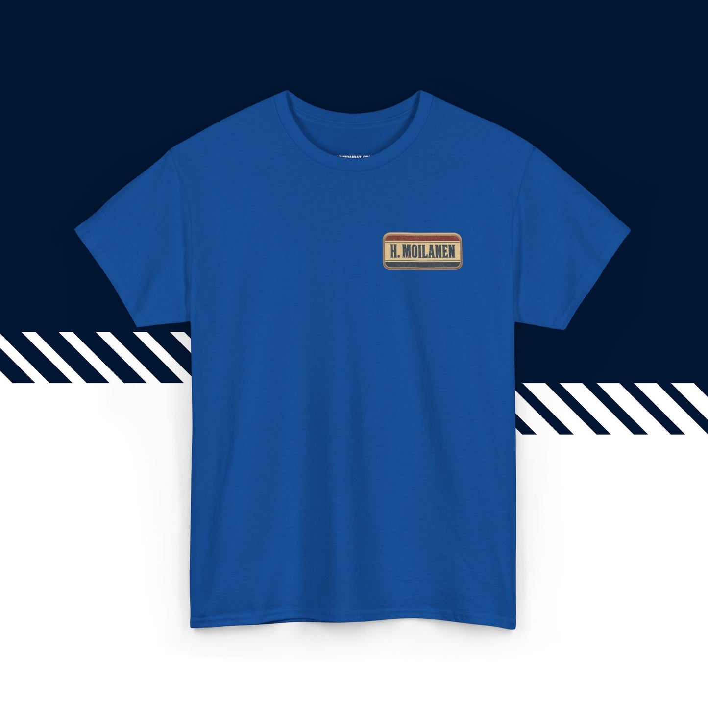 Sininen puuvillainen t-paita, hauskat paidat, Hoo Moilanen -tekstipainatus, unisex-malli.
