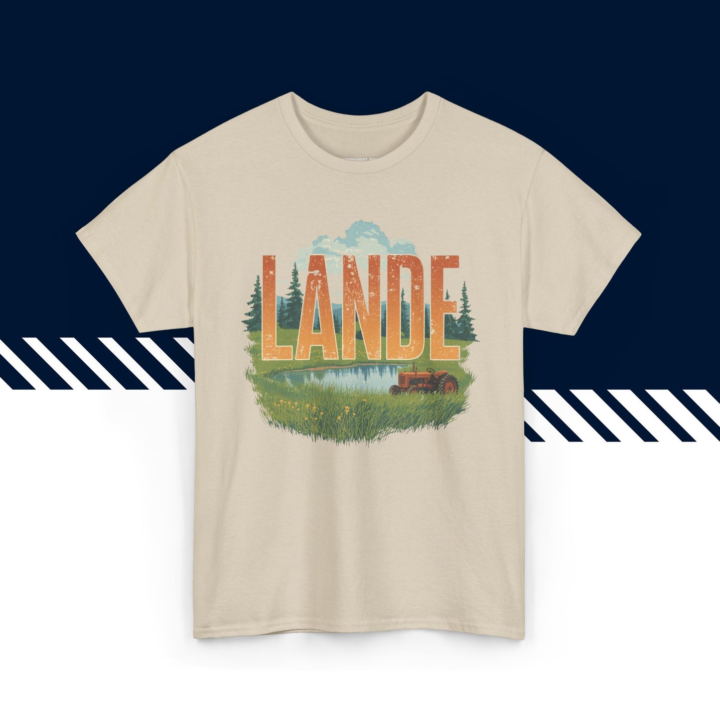 Beige 100% puuvillainen t-paita, hauskat paidat, Lande-tekstipainatus, unisex-malli.