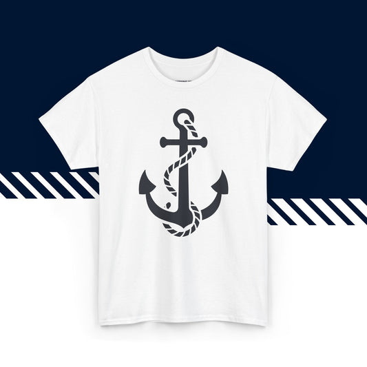 Valkoinen puuvillainen t-paita, hauskat paidat, suomipaidat.comin Ankkuri-kuvio, unisex-malli.