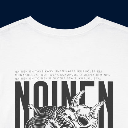 Valkoinen hauskat printtipaidat Nainen -selkäpainatus lähikuva, unisex-malli.