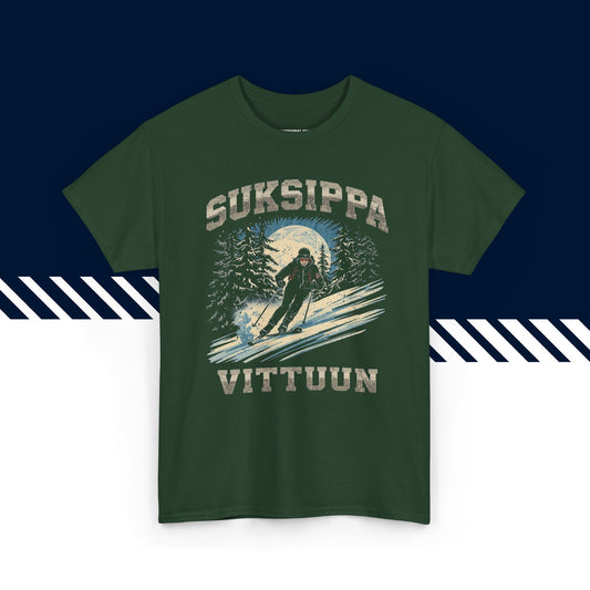Tummanvihreä 100% puuvillainen t-paita, hauskat paidat, Suksippa vittuun -tekstipainatus, unisex.