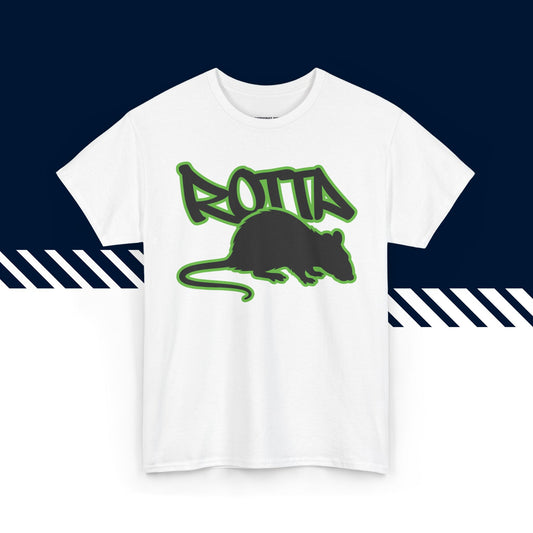 Valkoinen puuvillainen t-paita, hauskat paidat, suomipaidat.comin Rotta-kuvio, unisex-malli.