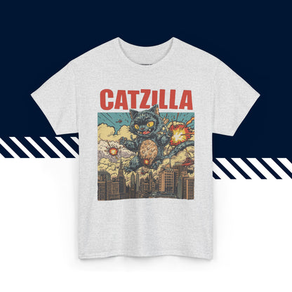 Harmaa t-paita, hauskat paidat, Catzilla-tekstipainatus, rento malli, unisex.