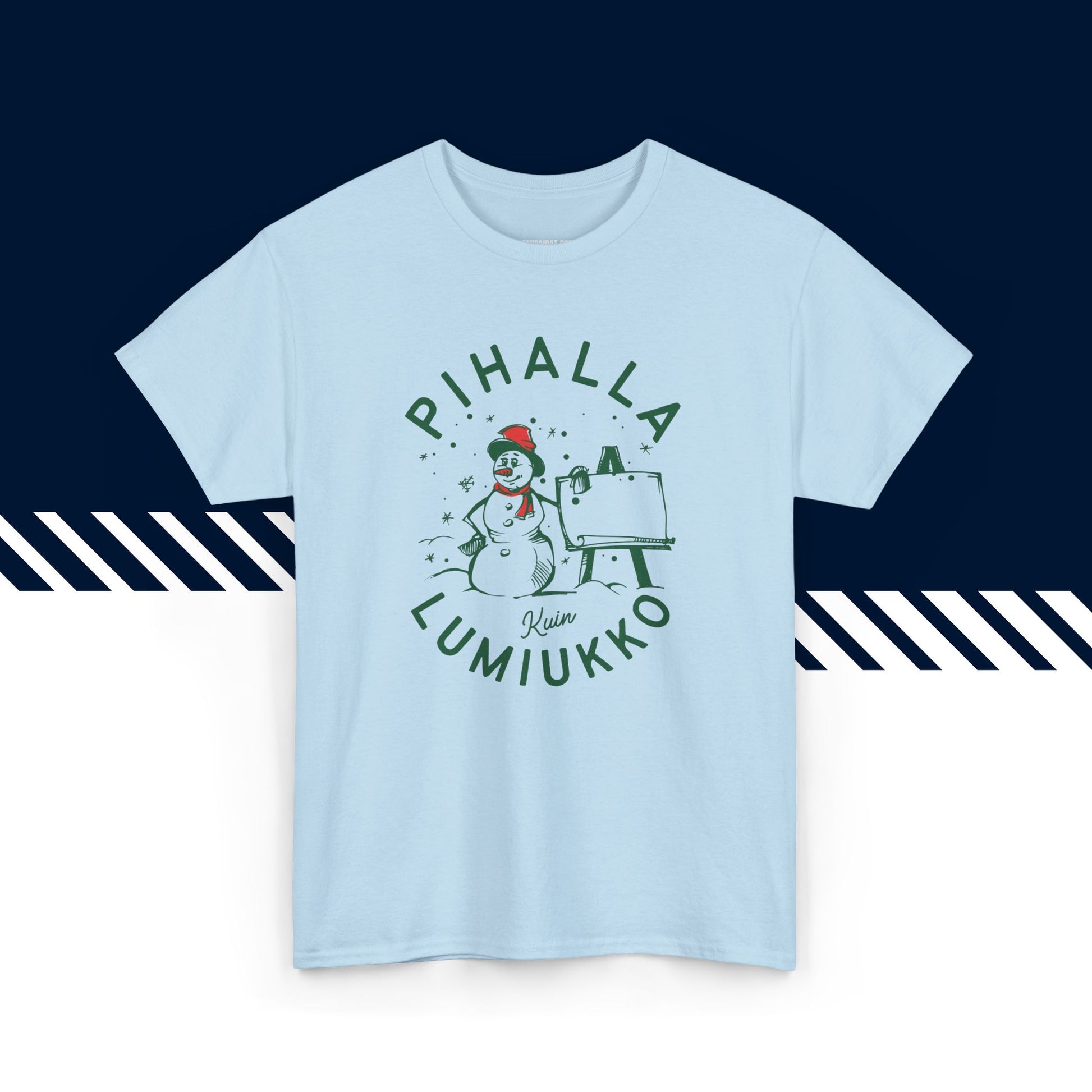 Vaaleansininen puuvillainen hauskat teksti paidat, t paidat hauskat tekstit, Lumiukko pihalla -tekstipainatus, unisex-malli.