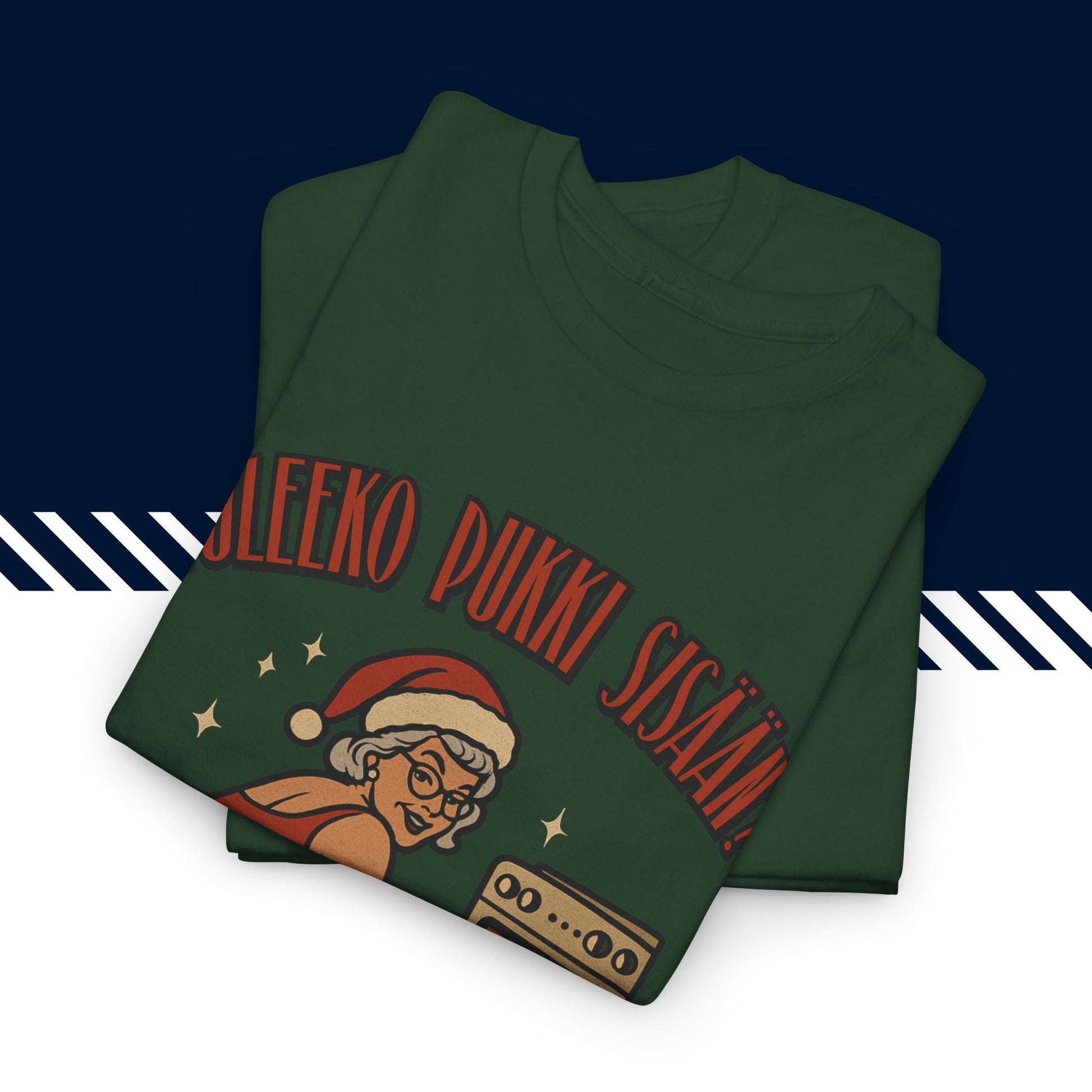 Tummanvihreä puuvillainen hauskat paidat, suomi t-paidat, Joulufiilis aktivoitu t-paita taitettuna, 100% puuvilla, unisex-malli.