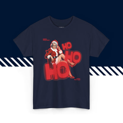 Tummansininen puuvillainen suomi paidat, hauskat printtipaidat, Ho Ho Ho -kuvio, unisex-malli.