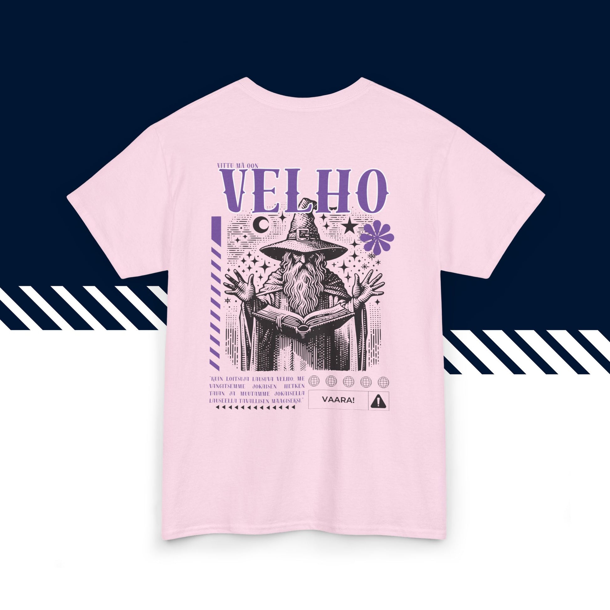 Pinkki hauskat paidat Velho -selkäpainatus, unisex-malli.