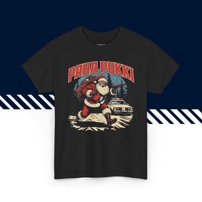 Musta 100% puuvillainen hauskat paidat, suomi t-paidat, suomipaidat.comin Paha pukki -teksti ja kuvio, unisex-malli, joulu lahja idea.