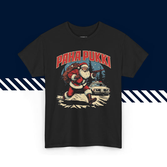 Musta 100% puuvillainen hauskat paidat, suomi t-paidat, suomipaidat.comin Paha pukki -teksti ja kuvio, unisex-malli, joulu lahja idea.