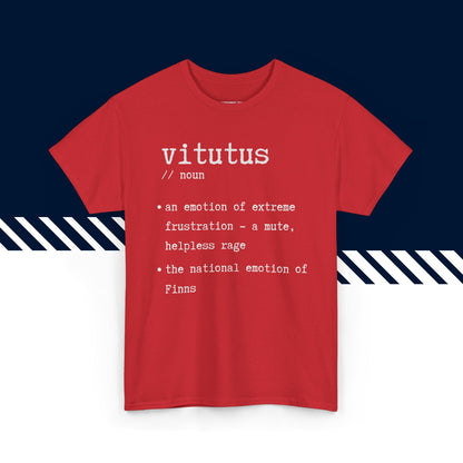 Punainen puuvillainen t-paita, t paidat hauskat tekstit, Vitutus-tekstipainatus, unisex-malli.